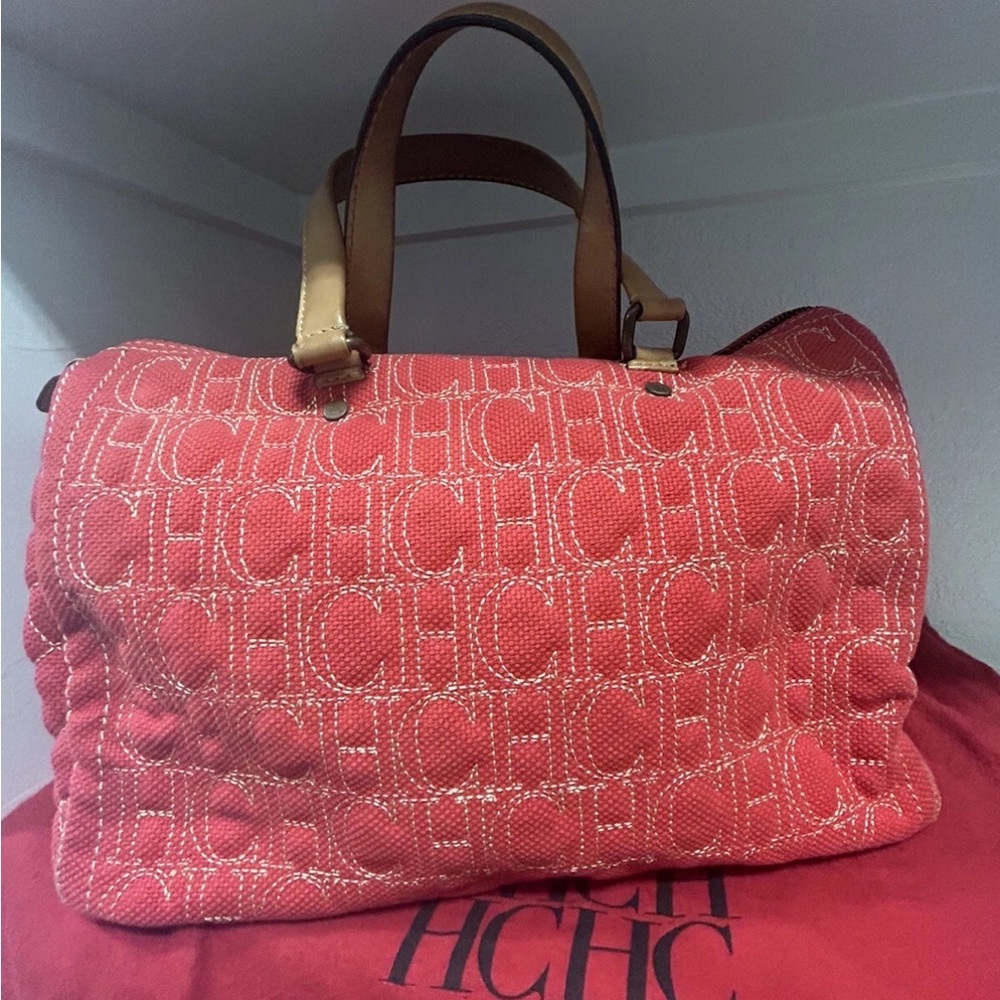 Carolina Herrera Red Monogram Embroidered Large Andy Boston Bag